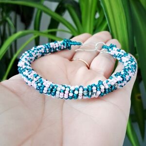 Teal and Pink Beaded Rope Bracelet, 8.5"
